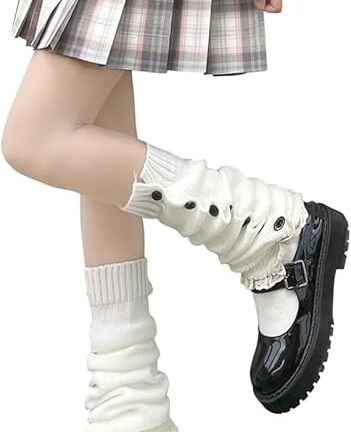 レディース 和風 かわいい レッグウォーマー ウールボールニット ロング レッグウォーマー スラウチボタン ロングソックス ルーズハイソックス ホワイト フリーサイズ