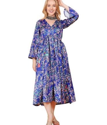 Cycus レディース ロイヤルブルー 和柄プリントワンピース - フレアスリーブ 輸入クレープ生地 (1枚パック)